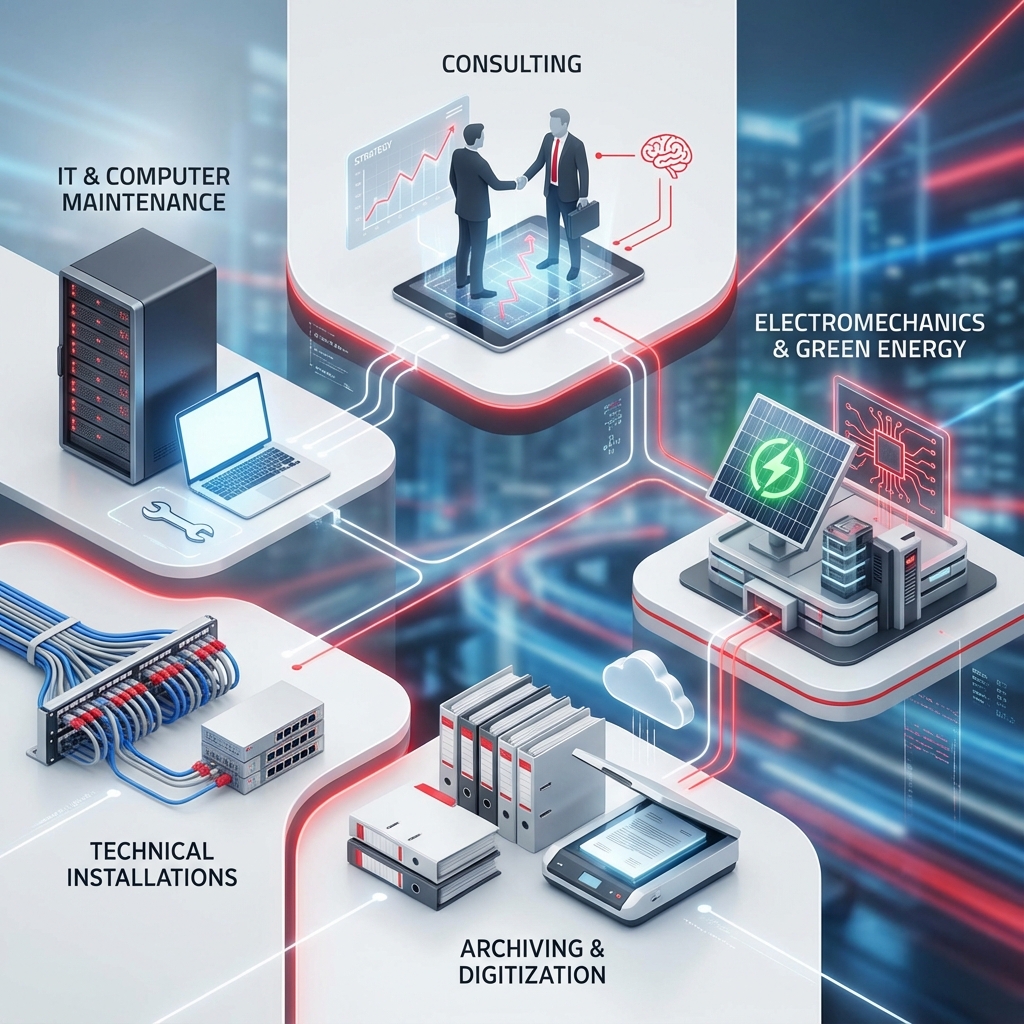 Activités SOS Hard Soft Services : Informatique, Installations Techniques, Archivage numérique, Énergie solaire et Conseil IT